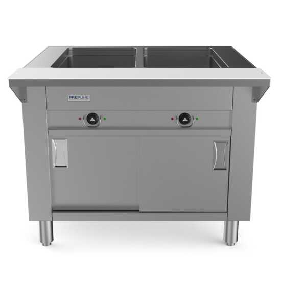 Prepline 32" Two Pan Sealed Well Electric Hot Food Steam Table with enclosed base and sliding doors, designed for efficient food warming in commercial kitchens. Features 120V, 1000W power for reliable heating and easy access.