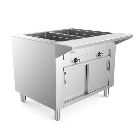 Prepline 32" Two Pan Sealed Well Electric Hot Food Steam Table with enclosed base and sliding doors, designed for efficient food warming in commercial kitchens. Features 120V, 1000W power for reliable heating and easy access.