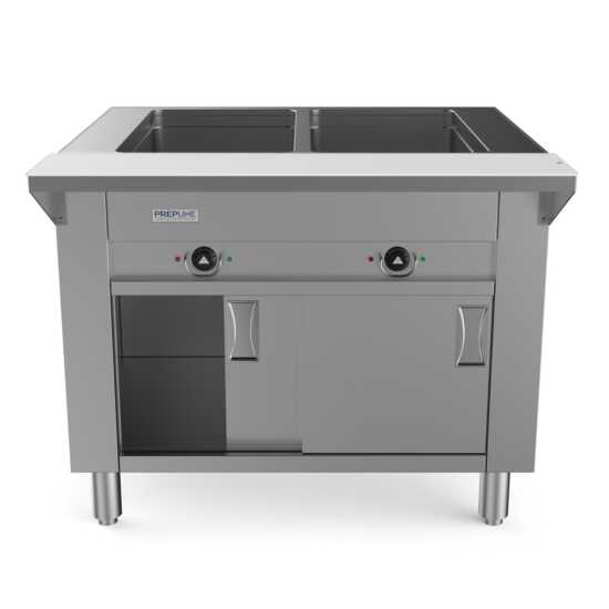 Prepline 32" Two Pan Sealed Well Electric Hot Food Steam Table with enclosed base and sliding doors, designed for efficient food warming in commercial kitchens. Features 120V, 1000W power for reliable heating and easy access.
