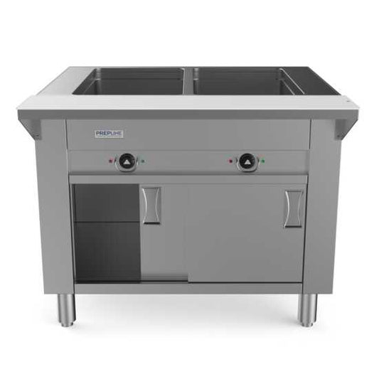 Prepline 32" Two Pan Sealed Well Electric Hot Food Steam Table with enclosed base and sliding doors, designed for efficient food warming in commercial kitchens. Features 120V, 1000W power for reliable heating and easy access.