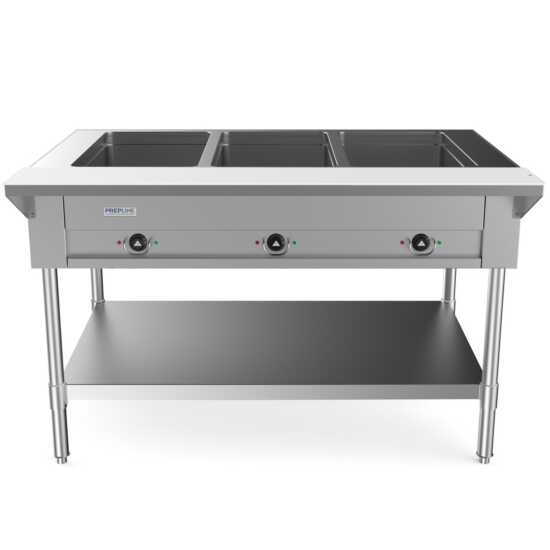 Prepline 48" three-well electric hot food steam table with undershelf operates at 120V and 1500W, making it an essential piece of equipment for commercial kitchens and catering services. This steam table features three spacious wells designed to keep a variety of dishes hot and ready for serving, ideal for buffets and food service events. Made from durable stainless steel, it ensures longevity and resistance to rust and corrosion. The undershelf provides convenient storage for utensils and supplies, optimiz