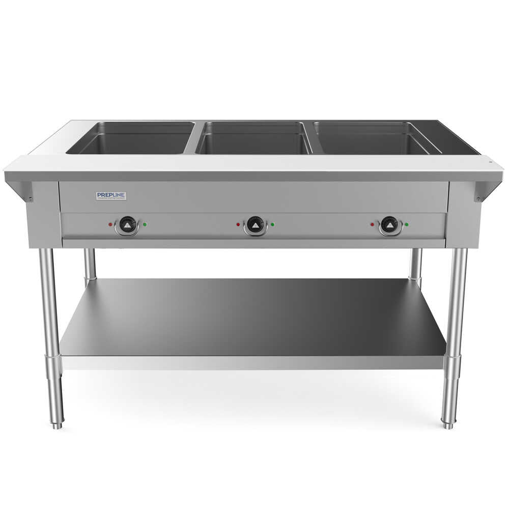 Prepline 48" three-well electric hot food steam table with undershelf operates at 120V and 1500W, making it an essential piece of equipment for commercial kitchens and catering services. This steam table features three spacious wells designed to keep a variety of dishes hot and ready for serving, perfect for buffets and food service events.