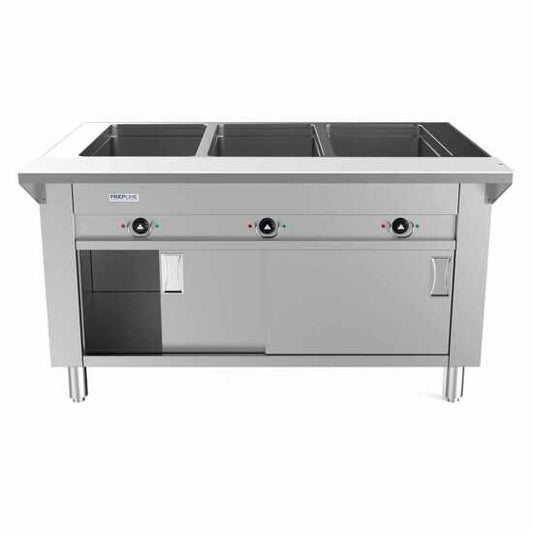 Prepline 48" Three Pan Sealed Well Electric Hot Food Steam Table with enclosed base and sliding doors, ideal for keeping multiple dishes warm in commercial kitchens. Features 120V, 1500W power for consistent heating and easy access.