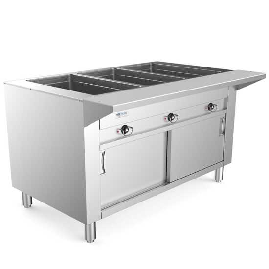 Prepline 48" Three Pan Sealed Well Electric Hot Food Steam Table with enclosed base and sliding doors, ideal for keeping multiple dishes warm in commercial kitchens. Features 120V, 1500W power for consistent heating and easy access.