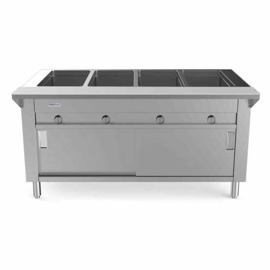 Prepline 60" Four Pan Sealed Well Gas Hot Food Steam Table with enclosed base and sliding doors, ideal for keeping multiple dishes warm in restaurants and catering. Features reliable heating and easy access for efficient service.