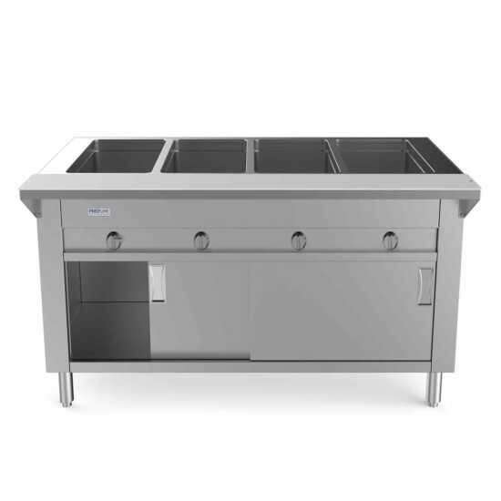 Prepline 60" Four Pan Sealed Well Gas Hot Food Steam Table with enclosed base and sliding doors, ideal for keeping multiple dishes warm in restaurants and catering. Features reliable heating and easy access for efficient service.