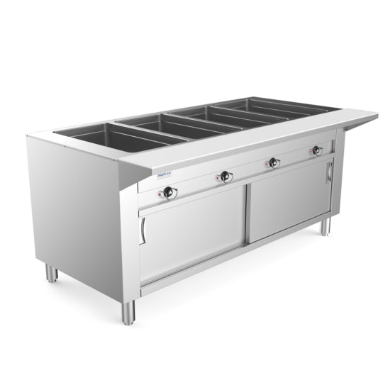 A 60-inch Prepline electric hot food steam table with four sealed wells, enclosed base, and sliding doors. Ideal for food service, it operates on 110V power and keeps food warm efficiently. Features durable construction and a sleek design for commercial use
