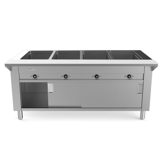 A 60-inch Prepline electric hot food steam table with four sealed wells, enclosed base, and sliding doors. Ideal for food service, it operates on 110V power and keeps food warm efficiently. Features durable construction and a sleek design for commercial use