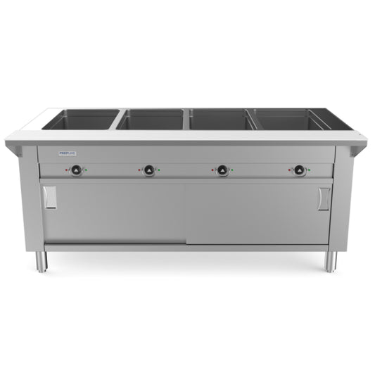 A 60-inch Prepline electric hot food steam table with four sealed wells, enclosed base, and sliding doors. Ideal for food service, it operates on 110V power and keeps food warm efficiently. Features durable construction and a sleek design for commercial use