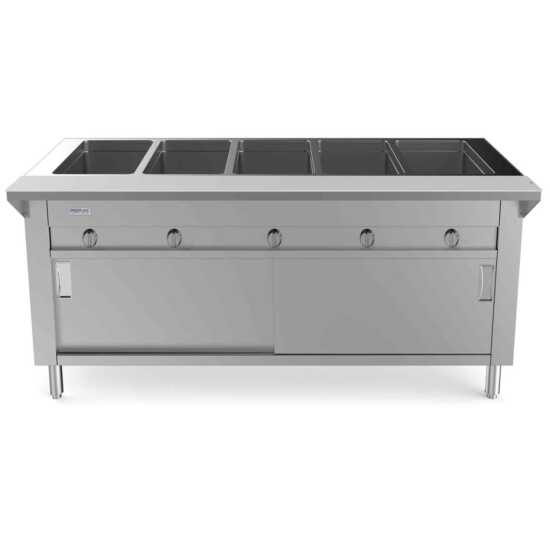 Prepline 74" Five Pan Sealed Well Gas Hot Food Steam Table with enclosed base and sliding doors, designed for optimal food warming in high-volume settings. Ideal for buffets and catering with efficient heating and convenient access.