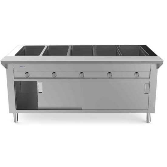 Prepline 74" Five Pan Sealed Well Gas Hot Food Steam Table with enclosed base and sliding doors, designed for optimal food warming in high-volume settings. Ideal for buffets and catering with efficient heating and convenient access.