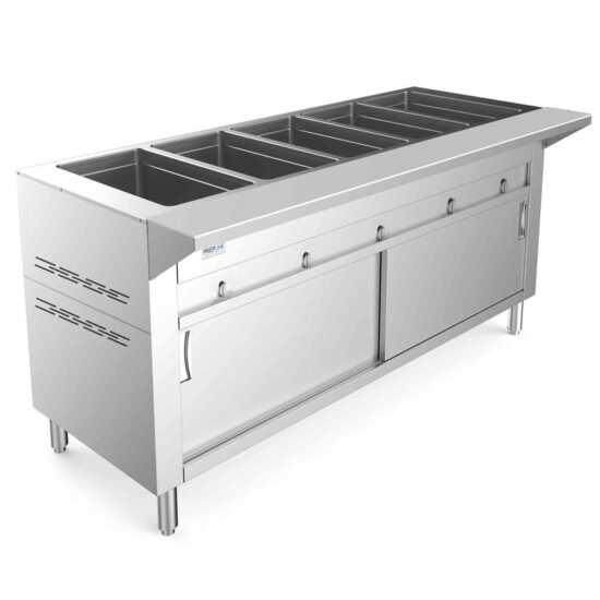 Prepline 74" Five Pan Sealed Well Gas Hot Food Steam Table with enclosed base and sliding doors, designed for efficient heating and easy access to multiple dishes in high-volume food service settings like buffets and catering.