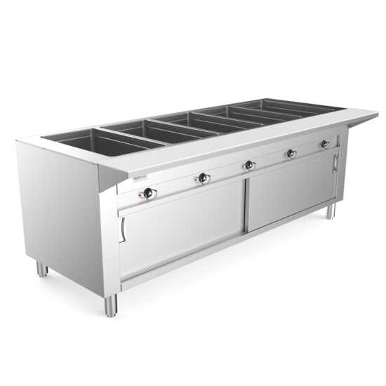 Prepline 74" Five Well Electric Hot Food Steam Table with enclosed base and sliding doors, ideal for high-volume food service in restaurants or buffets. 3700W power provides efficient heating across five wells.