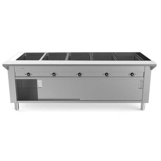 Prepline 74" Five Well Electric Hot Food Steam Table with enclosed base and sliding doors, ideal for high-volume food service in restaurants or buffets. 3700W power provides efficient heating across five wells.