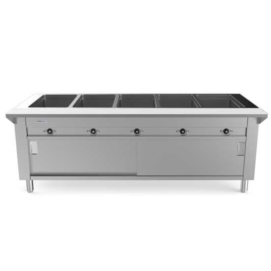 Prepline 74" Five Well Electric Hot Food Steam Table with enclosed base and sliding doors, ideal for high-volume food service in restaurants or buffets. 3700W power provides efficient heating across five wells.