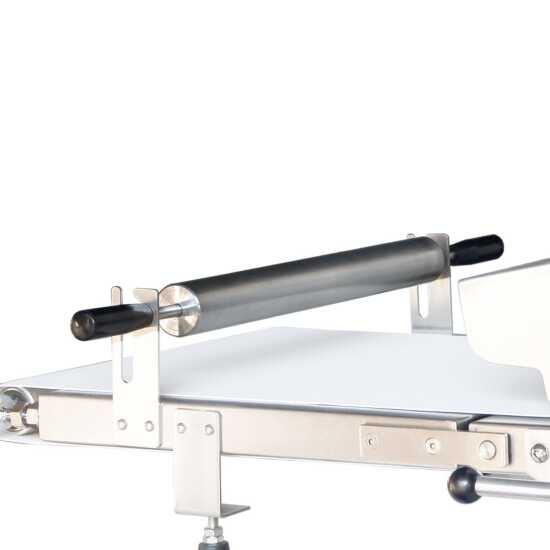Prepline CSP-69 69-inch countertop reversible dough sheeter with roller pin, 120V, designed for precise and efficient dough rolling, perfect for bakeries, pizzerias, and commercial kitchens.