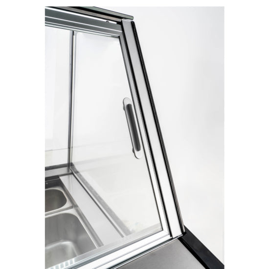 Marchia GIC-7-ST 42-inch 7-pan flat glass white gelato ice cream dipping cabinet display freezer, designed to showcase multiple flavors with a sleek flat glass top for ice cream shops and dessert parlors.