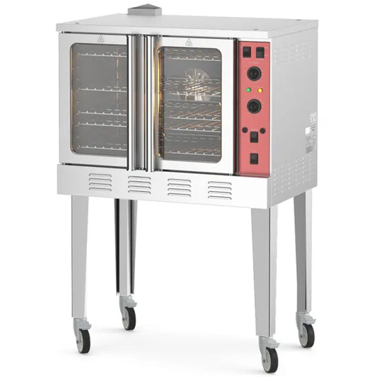 Single-deck commercial electric convection oven with full-size cavity, designed for baking, roasting, and high-volume kitchen use. Features 5 adjustable chrome-plated racks on 11-position guides, dual-speed convection fan, cook and cool-down modes, porcelain enamel interior, independent glass doors, halogen interior light, and stainless steel exterior. Operates on 208V, 3-phase power with an 11 kW heating system and temperature range of 150°F–500°F. Ships prewired for 3-phase and can be field converted to s