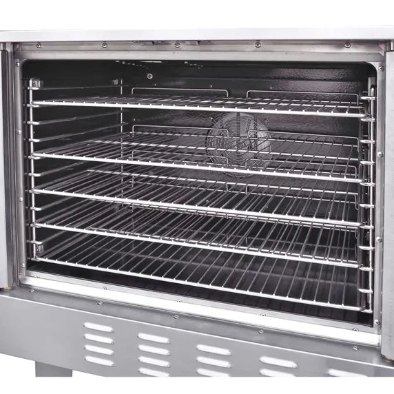 Single-deck commercial electric convection oven with full-size cavity, designed for baking, roasting, and high-volume kitchen use. Features 5 adjustable chrome-plated racks on 11-position guides, dual-speed convection fan, cook and cool-down modes, porcelain enamel interior, independent glass doors, halogen interior light, and stainless steel exterior. Operates on 208V, 3-phase power with an 11 kW heating system and temperature range of 150°F–500°F. 