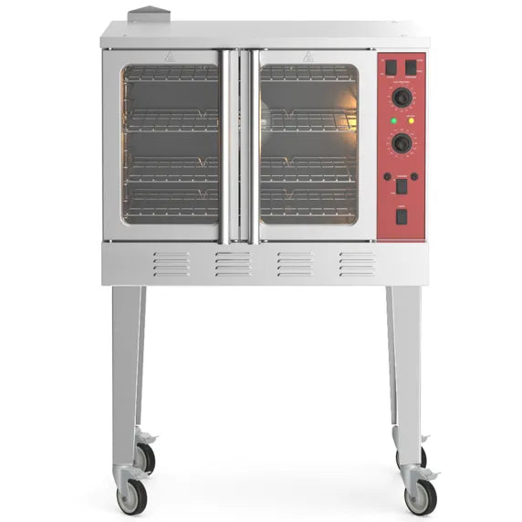 Single-deck commercial electric convection oven with full-size cavity, designed for baking, roasting, and high-volume kitchen use. Features 5 adjustable chrome-plated racks on 11-position guides, dual-speed convection fan, cook and cool-down modes, porcelain enamel interior, independent glass doors, halogen interior light, and stainless steel exterior. Operates on 208V, 3-phase power with an 11 kW heating system and temperature range of 150°F–500°F. 