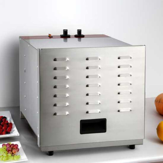 Prepline FD-10R stainless steel food dehydrator with 10 racks, operating on 120V, designed for efficiently drying fruits, vegetables, and meats in commercial kitchens.