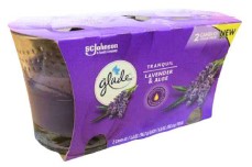 Two Glade Tranquil Lavender & Aloe scented candles in glass jars, 3.4 oz each, with a calming lavender and fresh aloe fragrance.
