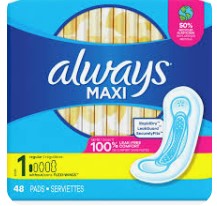 Package of Always TFF Maxi Pads, Regular Size 1, 48 count