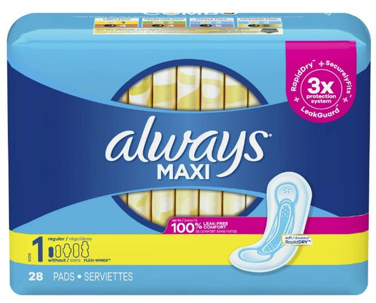 Always Maxi Daytime Pads with Wings, Size 1 Regular, 28-count package
