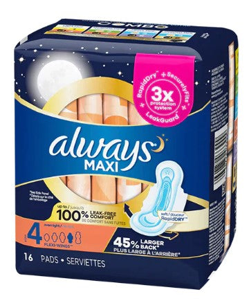 Always Maxi Overnight Pads with Wings, Size 4 Unscented, 16-count package