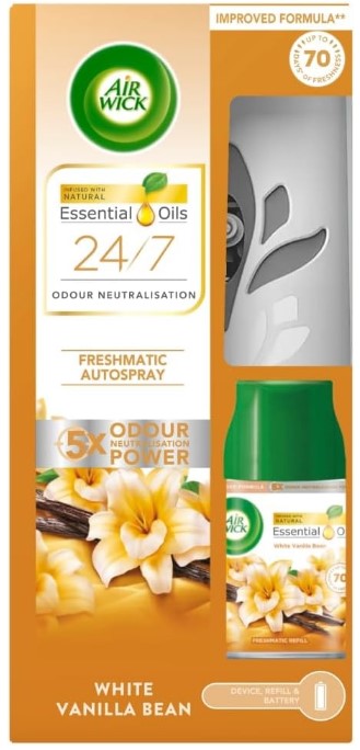 Air Wick automatic air freshener machine with 250ml White Vanilla Bean refill.