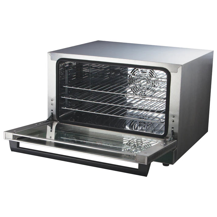Half-Size Countertop Convection Oven 1/Pack features a spacious interior with (3) chrome wire shelves that are perfectly sized for cooking small batches of pizza, baked goods, and warm sandwiches. Thanks to its stainless steel construction, this highly durable, easy to clean countertop oven can tackle the toughest cooking needs while its dual pane tempered glass door allows you to monitor the baking progress.
