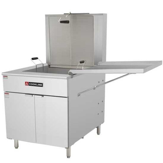 Cookline DOF-125 Commercial 125 lb Gas Flat Bottom Donut Fryer with 90,000 BTU, designed for high-capacity frying, ideal for large-scale production in bakeries and donut shops.