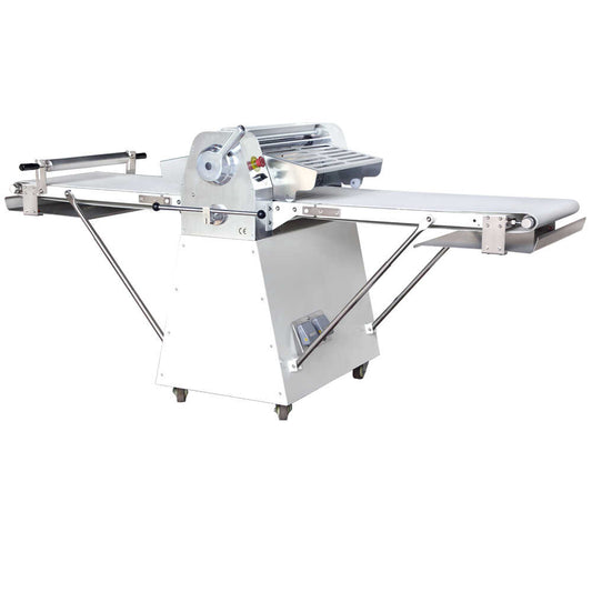 Prepline FSP-89 89-inch floor model reversible dough sheeter with roller pin and painted steel base, 120V, ideal for efficient, high-volume dough rolling in bakeries and commercial kitchens.