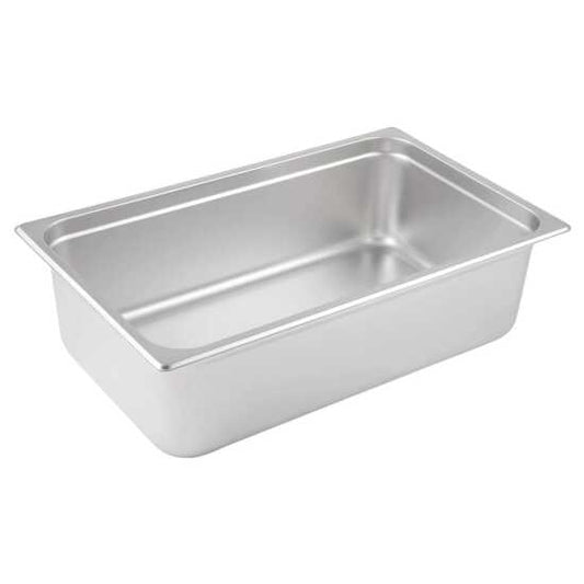 The Prepline full size 6" deep stainless steel steam table/hotel pan is designed for commercial kitchens, ideal for buffet service, food storage, and keeping dishes warm, offering durability and easy cleaning.