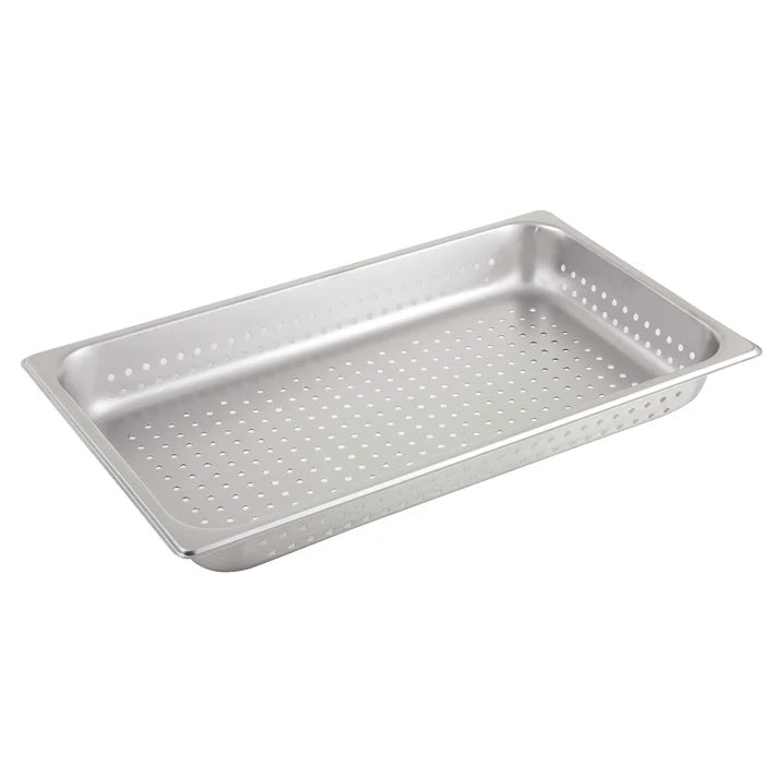 Perforated Steam Pan 6/Pack constructed from durable 25 gauge 18/8 stainless steel. Thanks to its perforations, this pan is perfect to use for a variety of draining applications. This pan features an anti-jam reinforced corner design to keep it from sticking to others when stacked. Perfect for a variety of cooking tasks, the pan offers convenience and durability necessary in any restaurant, cafeteria, or buffet. This model is also NSF listed.