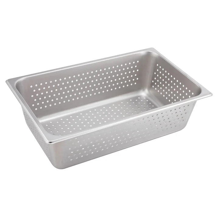 Perforated Steam Pan 6/Pack constructed from durable 25 gauge 18/8 stainless steel. Thanks to its perforations, this pan is perfect to use for a variety of draining applications. This pan features an anti-jam reinforced corner design to keep it from sticking to others when stacked. Perfect for a variety of cooking tasks, the pan offers convenience and durability necessary in any restaurant, cafeteria, or buffet. This model is also NSF listed.