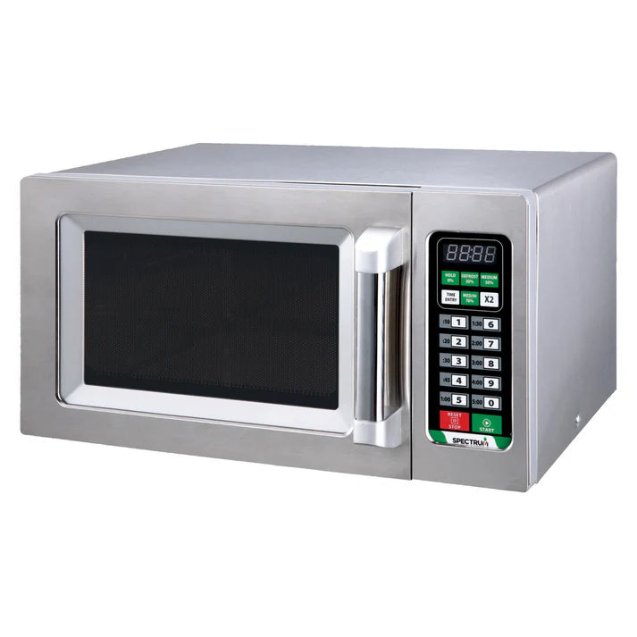 Spectrum Commercial Microwave 1/Pack a .9 cubic foot capacity and delivers 1,000 watts of cooking performance ideal for quick-serve restaurants, concession stands and more. Features an easy clean stainless steel exterior and interior and heavy-duty components designed to withstand daily use in a commercial foodservice environment. 5 power levels deliver the perfect cooking result for a variety of dishes. Choose from 10 preset cooking programs or store up to 100 of your own customized for your menu.