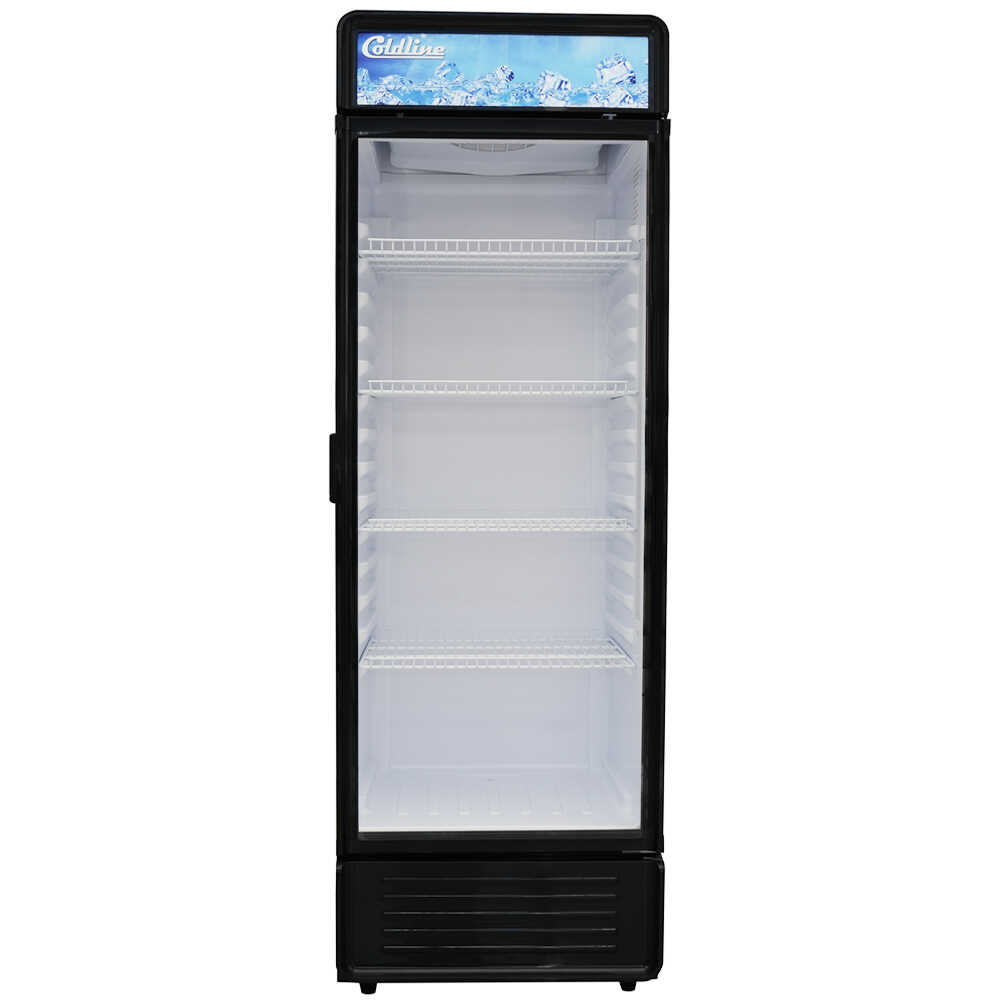 Coldline G12E-B 24-inch single glass door merchandiser refrigerator with LED lighting, black exterior, and a 12 cubic foot capacity.