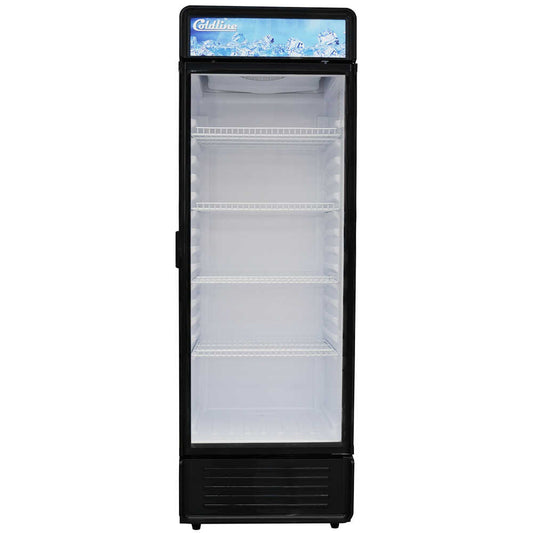 Coldline G12E-B 24-inch single glass door merchandiser refrigerator with LED lighting, black exterior, and a 12 cubic foot capacity.