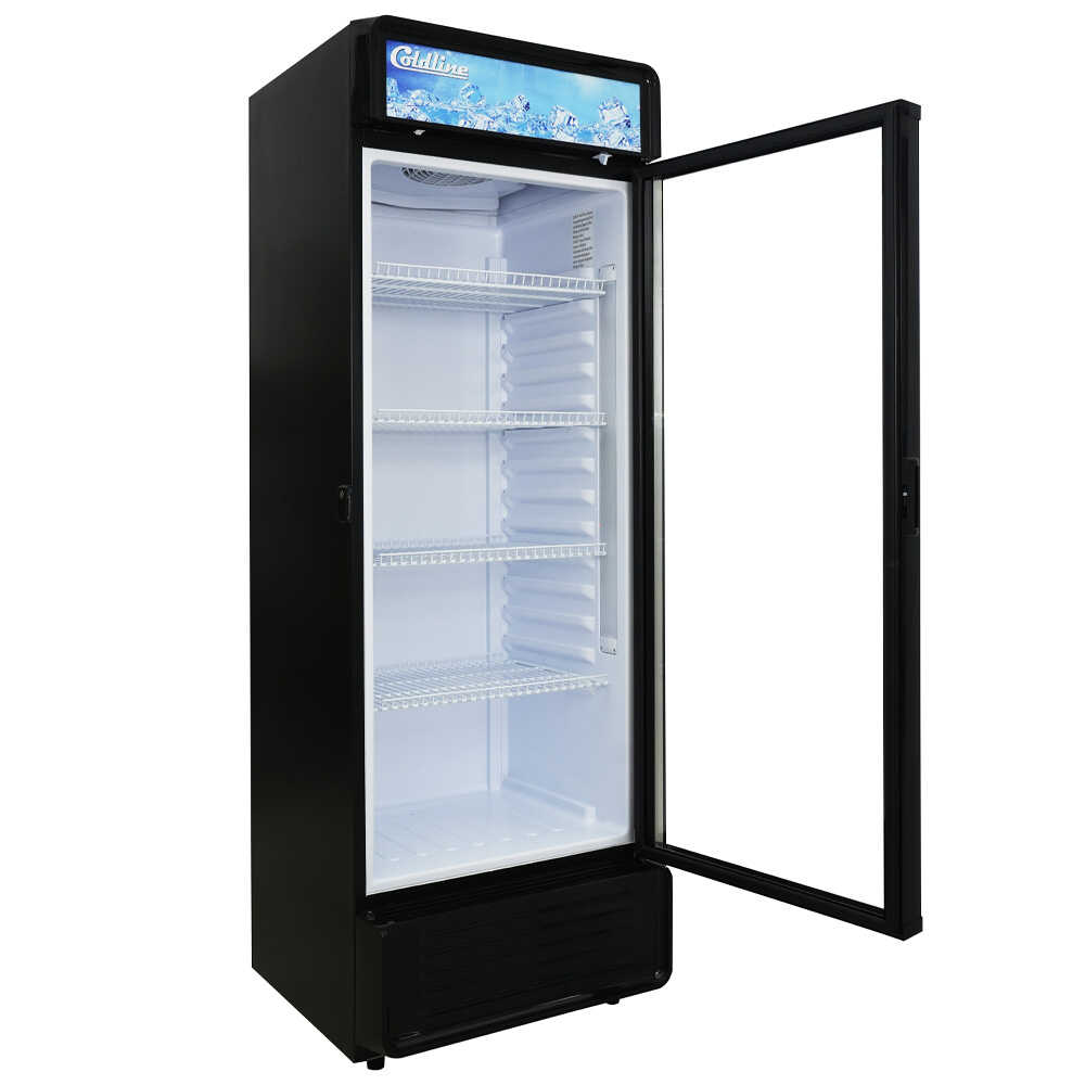 Coldline G12E-B 24-inch single glass door merchandiser refrigerator with LED lighting, black exterior, and a 12 cubic foot capacity.