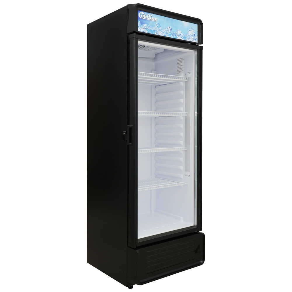 Coldline G12E-B 24-inch single glass door merchandiser refrigerator with LED lighting, black exterior, and a 12 cubic foot capacity.
