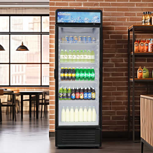Coldline G12E-B 24-inch single glass door merchandiser refrigerator with LED lighting, black exterior, and a 12 cubic foot capacity.