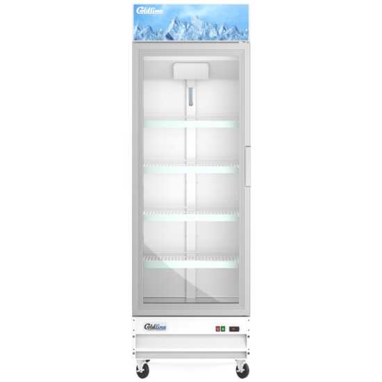 Coldline D12-W-L 27-inch left-hinged white glass door merchandiser freezer with LED lighting. This unit features a single left-hinged glass door for easy access and visibility of frozen products. The sleek white exterior and glass door design are ideal for retail and foodservice environments, providing a modern look and efficient storage. The integrated LED lighting illuminates the interior, enhancing product presentation with bright and even light. This freezer is perfect for showcasing frozen goods while 