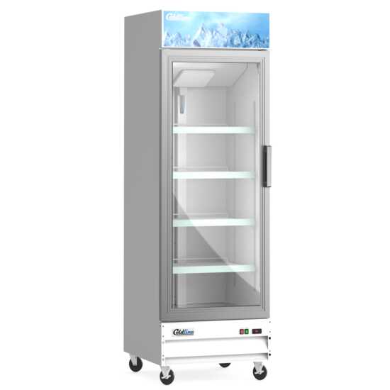 Coldline D12-W-L 27-inch left-hinged white glass door merchandiser freezer with LED lighting. This unit features a single left-hinged glass door for easy access and visibility of frozen products. The sleek white exterior and glass door design are ideal for retail and foodservice environments, providing a modern look and efficient storage. The integrated LED lighting illuminates the interior, enhancing product presentation with bright and even light. This freezer is perfect for showcasing frozen goods while 