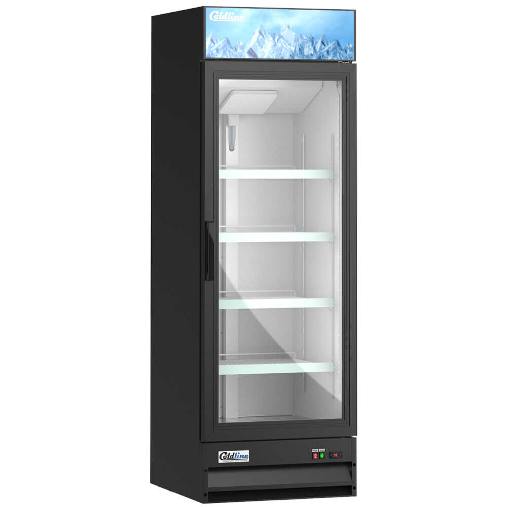 Coldline G28-B 28-inch single glass swing door merchandiser refrigerator with a black exterior. Designed for optimal product visibility and easy access, this unit features a sleek glass door and efficient cooling to enhance merchandising and storage in retail environments.