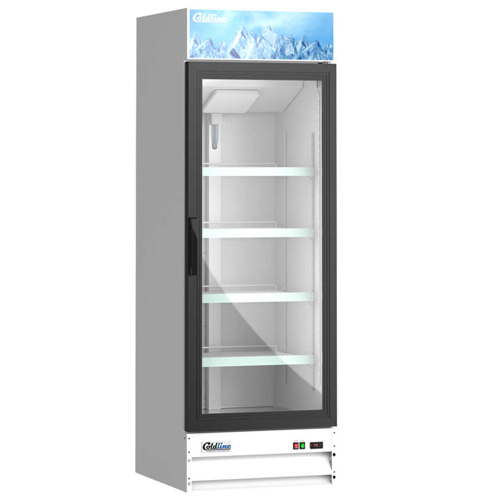 Coldline G15-W 26-inch white glass door merchandiser refrigerator with LED lighting, featuring a sleek white exterior and designed for optimal product visibility and display.