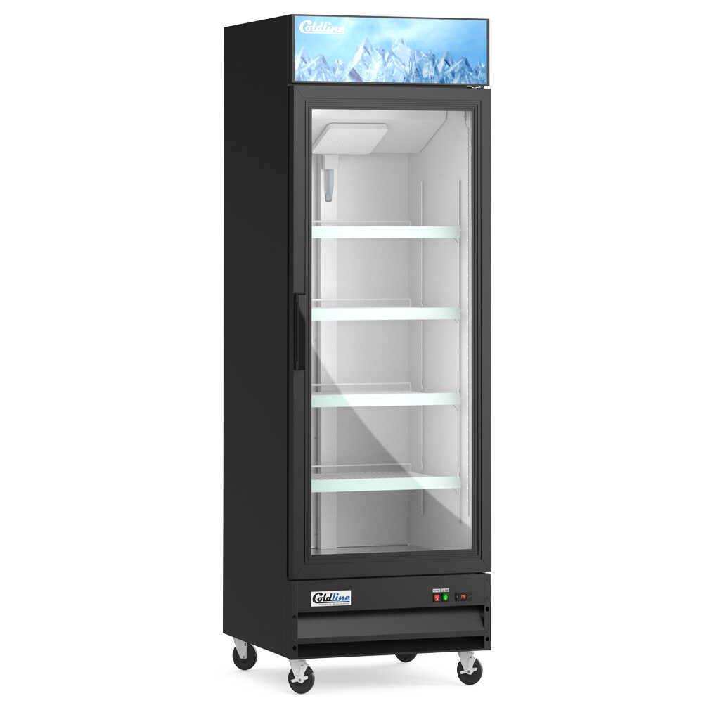 Coldline D12-B 27-inch glass door merchandiser freezer with LED lighting and a black exterior. This unit features a single glass door that provides clear visibility and easy access to frozen products, making it ideal for retail and foodservice settings. The LED lighting enhances the display of merchandise with bright and even illumination. The modern black finish complements any commercial environment, while the freezer design offers efficient storage and high visibility for frozen goods.