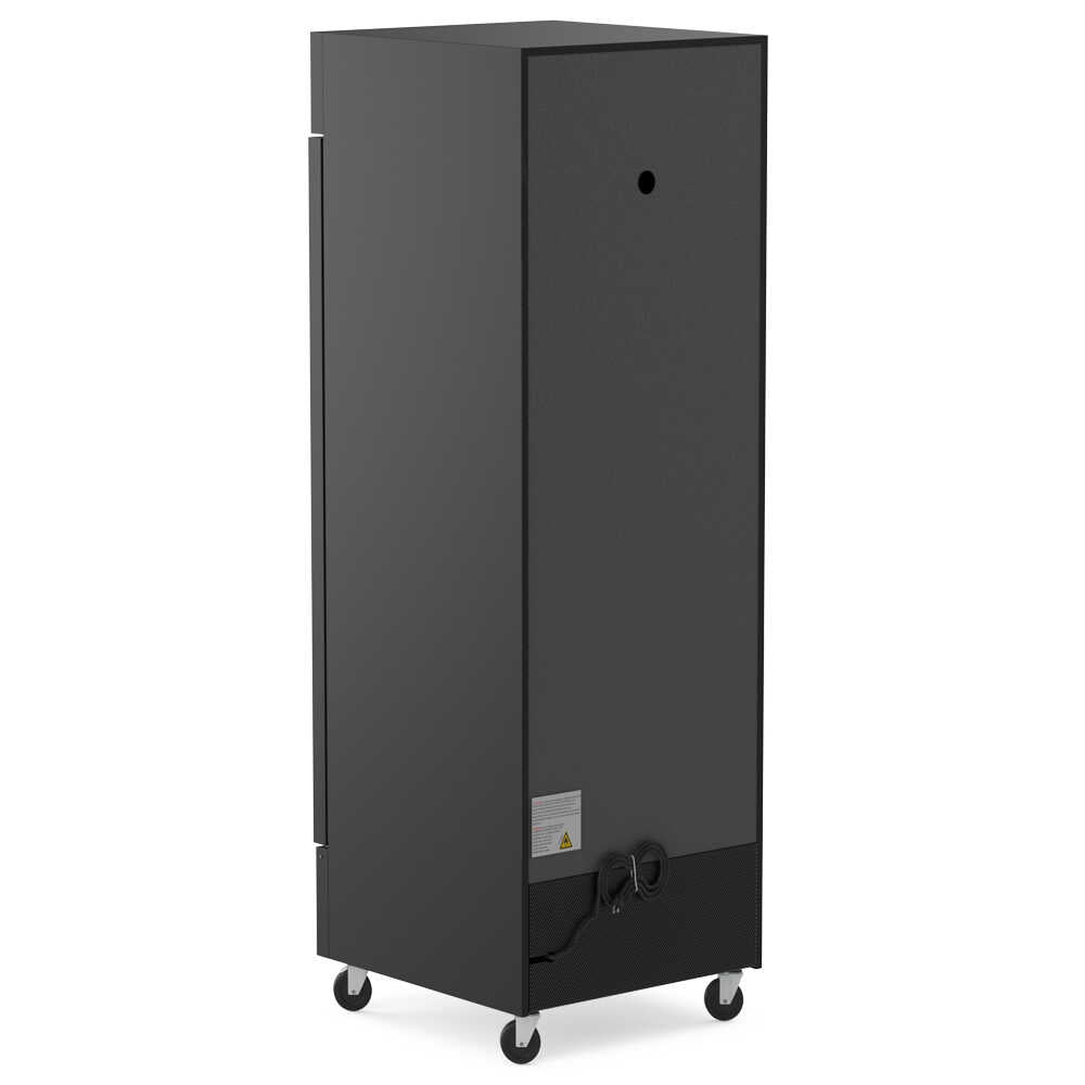 Coldline D12-B 27-inch glass door merchandiser freezer with LED lighting and a black exterior. This unit features a single glass door that provides clear visibility and easy access to frozen products, making it ideal for retail and foodservice settings. The LED lighting enhances the display of merchandise with bright and even illumination. The modern black finish complements any commercial environment, while the freezer design offers efficient storage and high visibility for frozen goods.