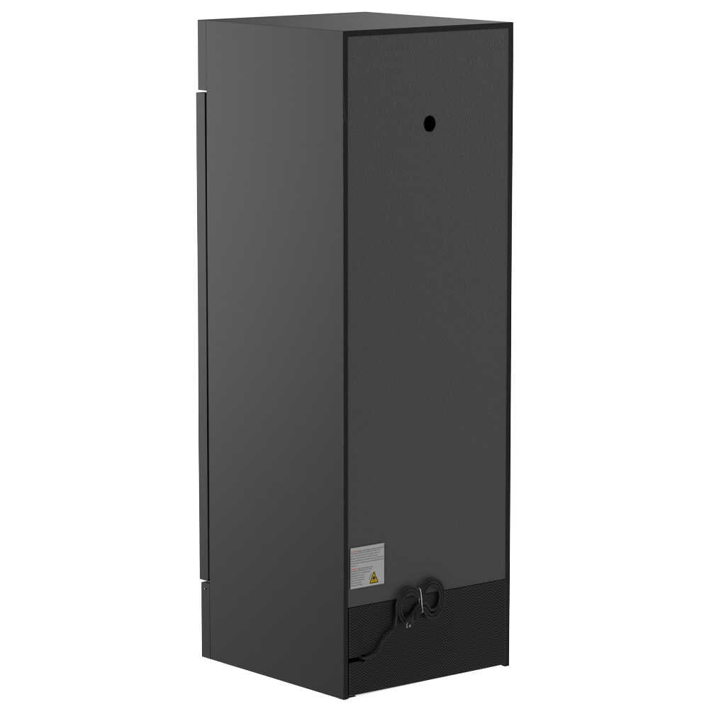 Coldline G28-B 28-inch single glass swing door merchandiser refrigerator with a black exterior. Designed for optimal product visibility and easy access, this unit features a sleek glass door and efficient cooling to enhance merchandising and storage in retail environments.