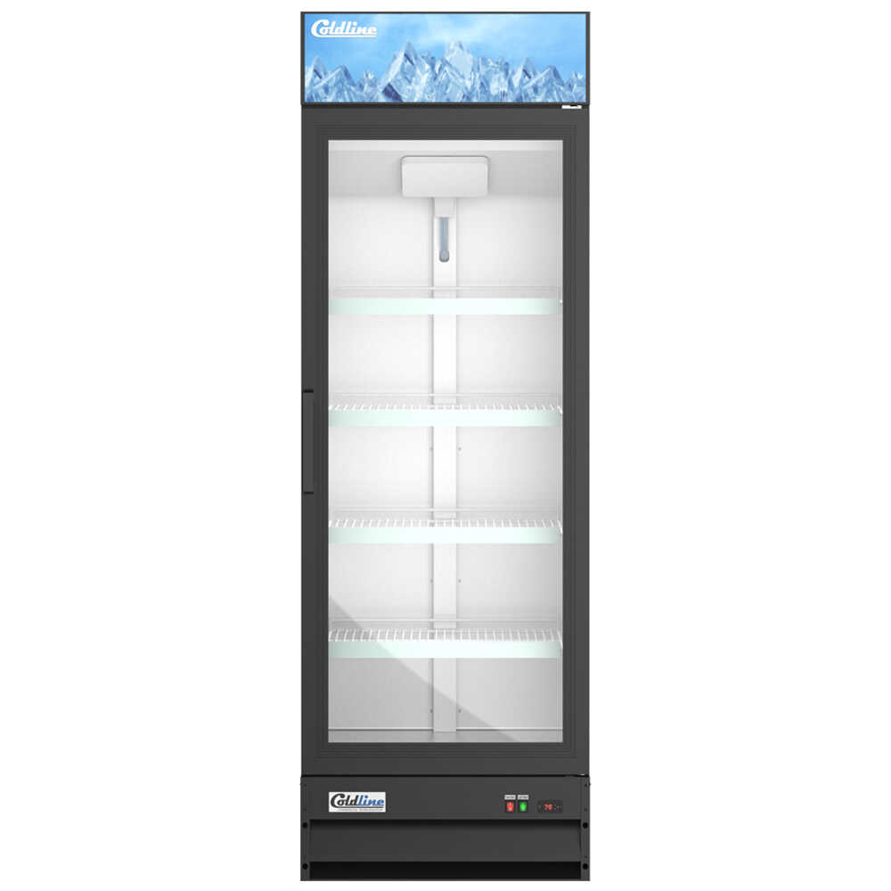 Coldline G28-B 28-inch single glass swing door merchandiser refrigerator with a black exterior. Designed for optimal product visibility and easy access, this unit features a sleek glass door and efficient cooling to enhance merchandising and storage in retail environments.